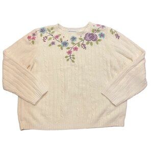 Vintage Alfred Dunner Floral Embroidered Beaded Cream Sweater S
